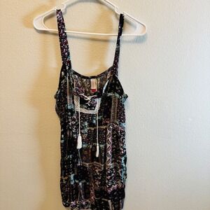 No Boundaries XXXL 3XG Black Floral Tank Top Boho Tassel Tie Sleeveless Blouse‎